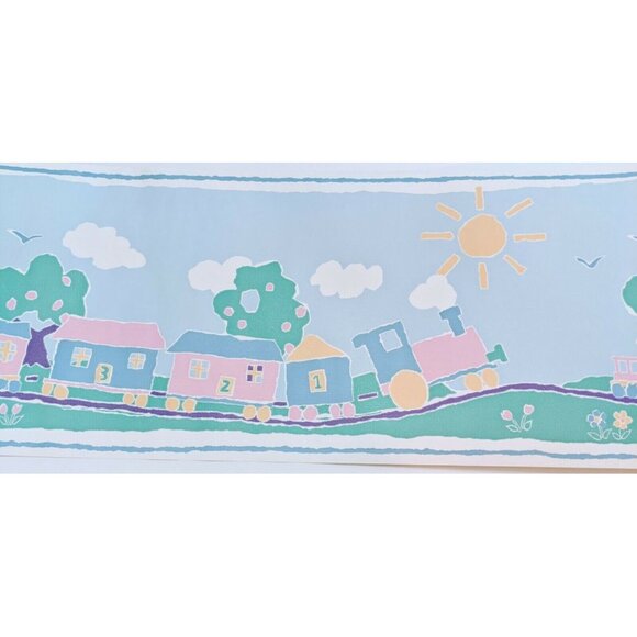 Lot of 5 Nursery Wallpaper Borders – Train & Numbers Pastel – 5 Yards Each NOS - Picture 5 of 6